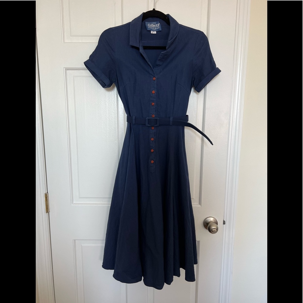 Collectif navy blue 1950s style shirt dress